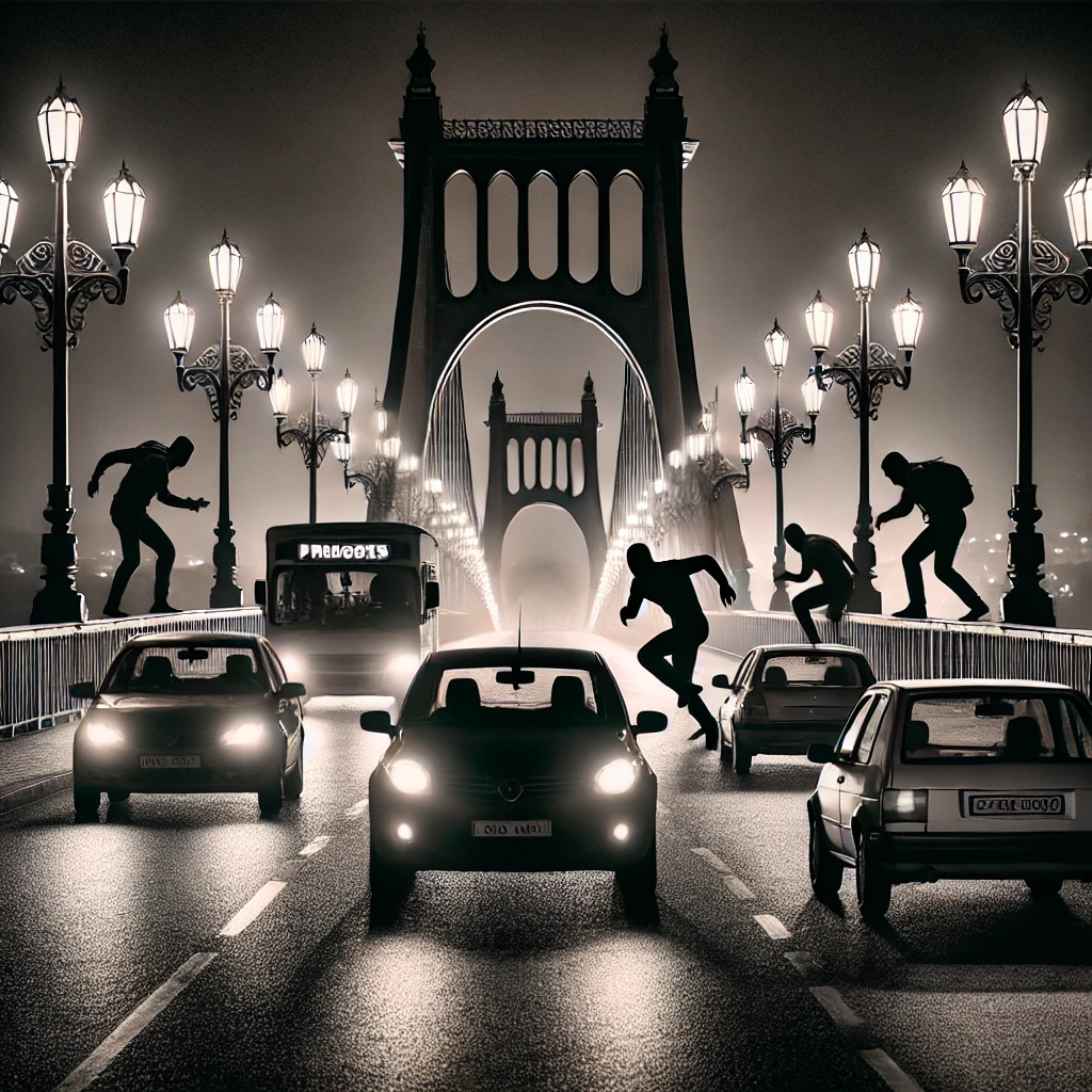 Uma cena dramática mostrando um arrastão em andamento em uma ponte urbana. A imagem retrata carros parados em pânico, alguns tentando dar a volta na contramão. Figuras sombrias, representando os criminosos, estão no meio da ponte, abordando veículos. O ambiente é noturno, com iluminação proveniente de faróis de carros e postes de luz, criando um contraste de tensão. Ao fundo, detalhes arquitetônicos que remetam à Ponte do Mar Pequeno em São Vicente. A atmosfera é de medo e urgência.
