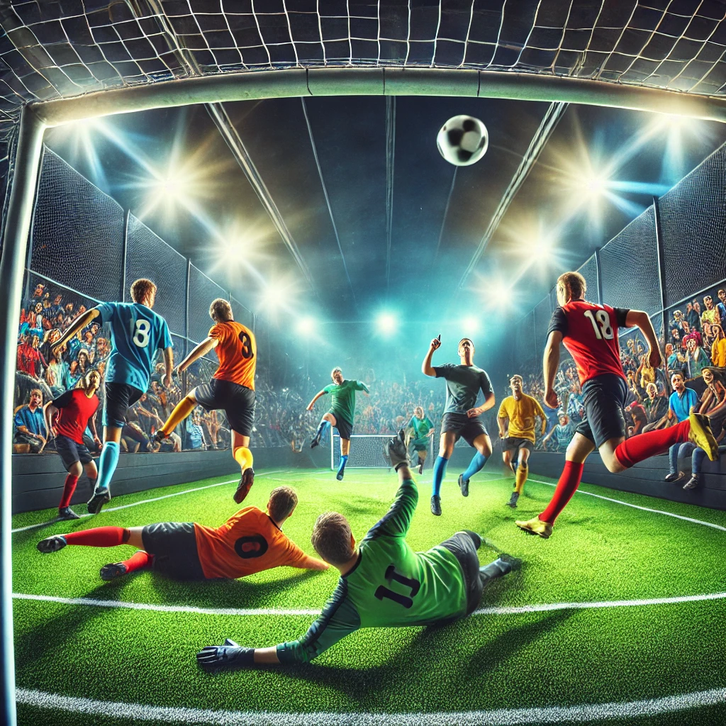 Uma cena vibrante de um jogo de futebol society em andamento. A imagem mostra jogadores em um campo reduzido, com grama sintética, em um momento decisivo, como um chute a gol ou uma defesa espetacular. A atmosfera é de alta energia, com luzes de refletores iluminando o local e um público animado nas laterais. Os jogadores estão em uniformes coloridos, transmitindo emoção e intensidade. O cenário deve incluir elementos que reflitam o clima descontraído e entusiasmado de um torneio amador.