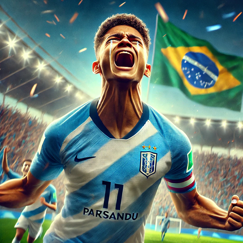 Uma cena emocionante de um jogador de futebol jovem, representando Yeremy Quintana, em um estádio brasileiro. Ele está celebrando após um gol, com os braços erguidos e lágrimas nos olhos, demonstrando emoção e superação. O campo é vibrante, com uma torcida animada ao fundo. O jogador veste um uniforme que remete ao do Paysandu, com tons de azul e branco, enquanto a atmosfera geral transmite intensidade, paixão e esperança.