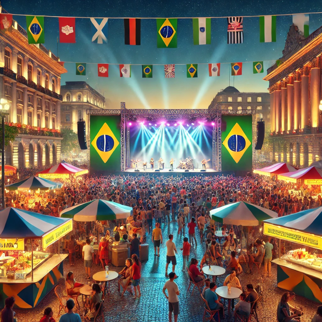 Uma cena vibrante de um festival cultural ao ar livre no centro do Rio de Janeiro. A imagem mostra um palco iluminado com apresentações musicais, cercado por uma multidão diversificada. Ambulantes vendem comidas e bebidas típicas nas laterais, enquanto bandeiras e decorações brasileiras dão um toque nacional ao evento. Ao fundo, edifícios históricos do Centro do Rio e luzes de refletores criam uma atmosfera animada e culturalmente rica, refletindo a fusão de arte, política e entretenimento.