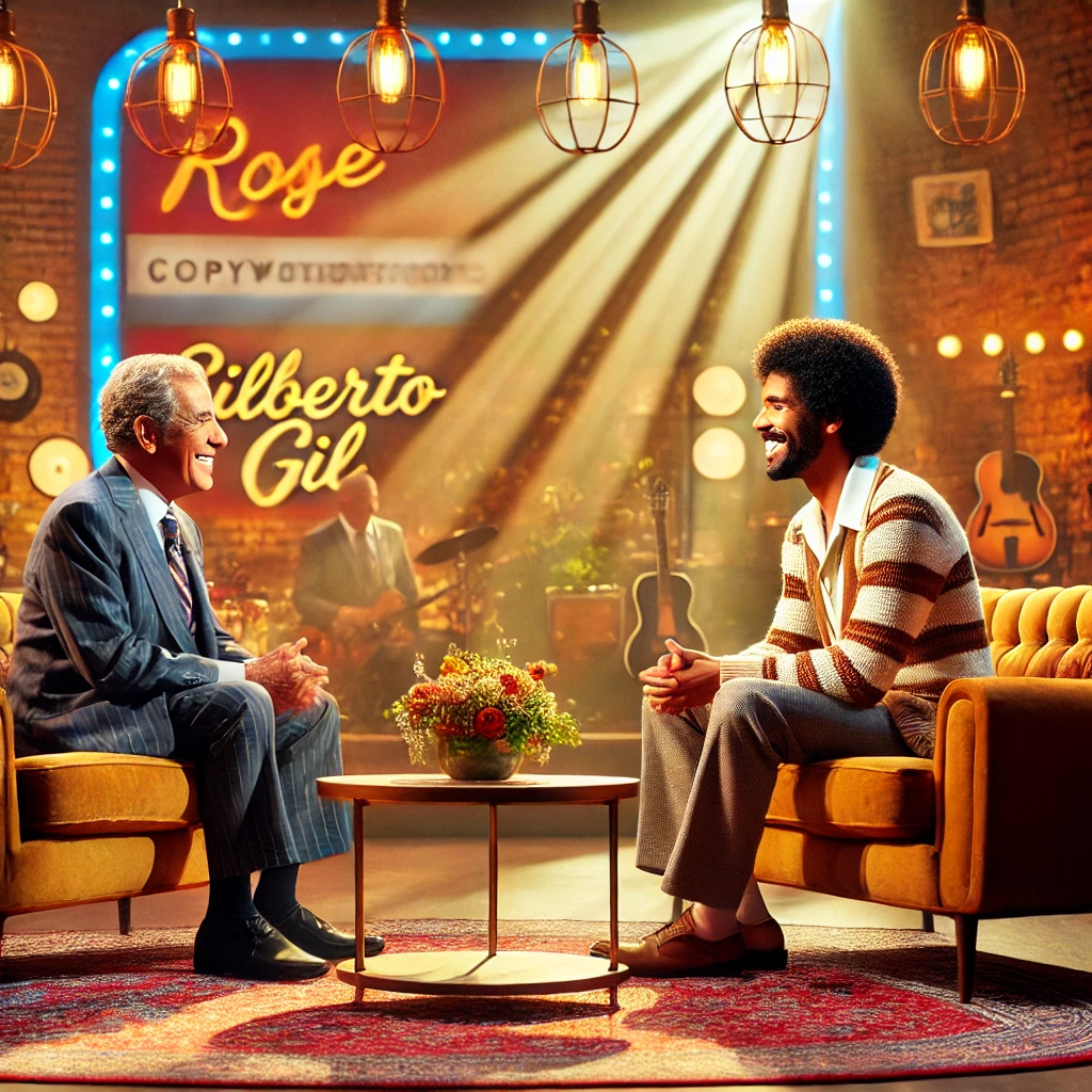 Uma cena nostálgica e calorosa que captura o reencontro de Gilberto Gil com seu ex-chefe em um ambiente de talk show descontraído. O cenário inclui um palco com sofás confortáveis, uma decoração vibrante e luminosa, típica de programas de auditório. Gilberto Gil está sorrindo, em uma postura amigável, enquanto conversa e relembra histórias com outra pessoa, simbolizando o reencontro. Elementos sutis como instrumentos musicais ao fundo e referências à publicidade, como cartazes vintage, complementam o tema.