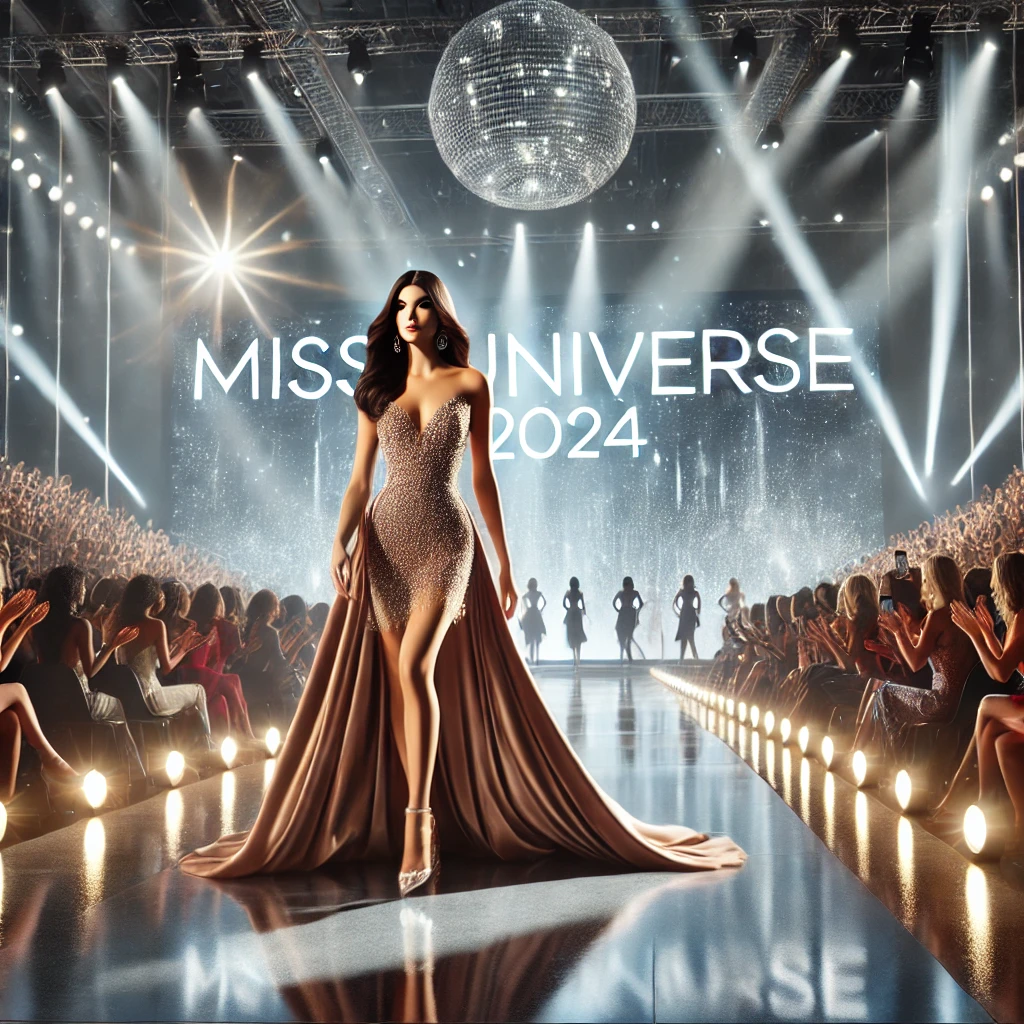 Uma cena glamorosa de uma passarela do concurso Miss Universo. No centro, uma candidata brasileira representando Luana Cavalcante desfila com elegância em um vestido sofisticado que combina modernidade e tradição. O cenário apresenta luzes brilhantes, refletores direcionados, e uma plateia cheia de expectativa. Ao fundo, um painel com o logotipo de Miss Universo 2024. A atmosfera é vibrante, destacando a diversidade, a inclusão e o impacto cultural do evento.