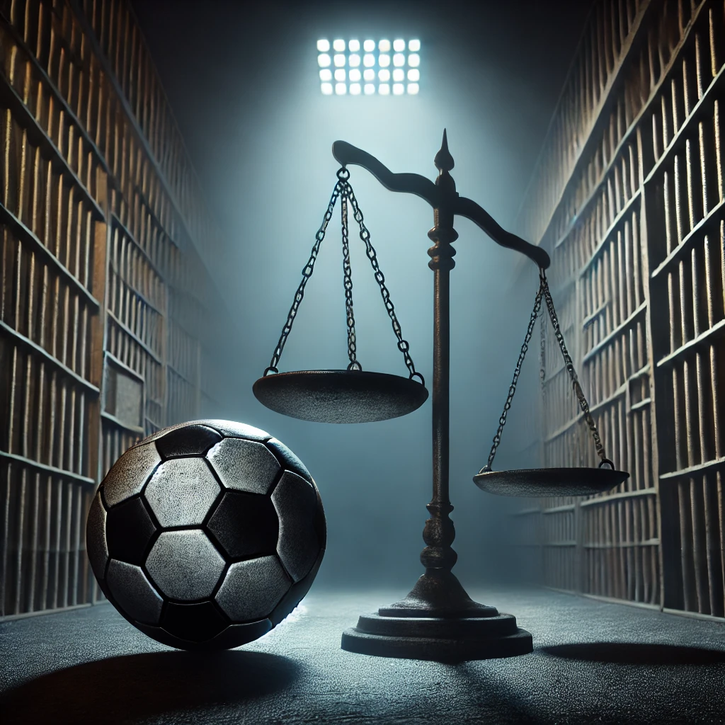 Uma representação simbólica e sombria da trajetória de Robinho, combinando elementos de futebol e justiça. A imagem mostra uma balança da justiça em primeiro plano, com uma das balanças inclinada para o lado de uma bola de futebol desgastada. Ao fundo, há grades de prisão parcialmente iluminadas, simbolizando a condenação. A atmosfera deve ser séria e introspectiva, com cores escuras predominando, como cinza e azul, para transmitir gravidade e reflexão.