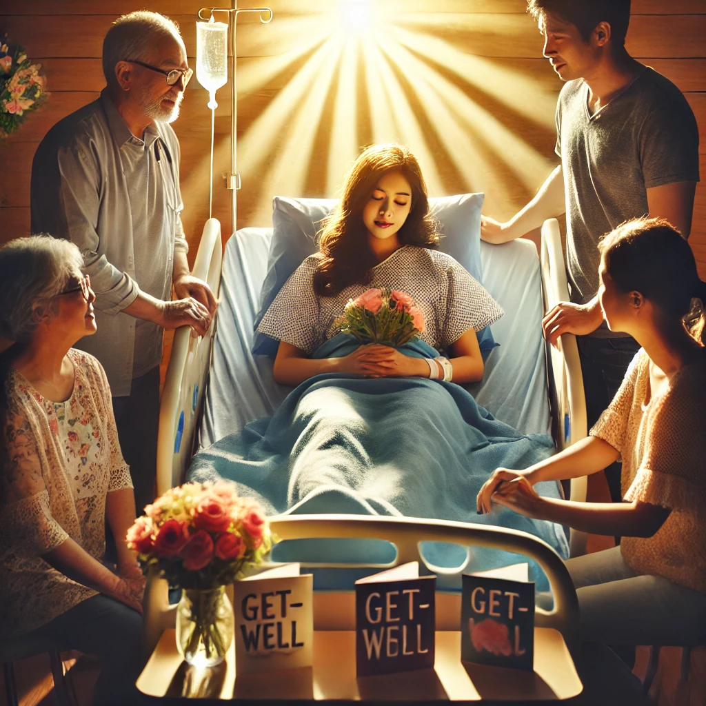 Uma cena sensível e esperançosa, retratando uma mulher em um quarto de hospital iluminado por luz natural. Ela está sentada em uma cama hospitalar, cercada por amigos e familiares que transmitem conforto e apoio. O ambiente é acolhedor, com flores e cartões ao lado da cama, representando a energia positiva recebida. A mulher exibe um semblante de resiliência e esperança, destacando a força emocional em meio aos desafios.