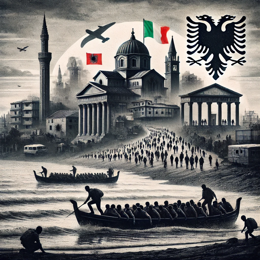 Uma cena simbólica representando o impacto e a controvérsia do acordo de asilo entre a Itália e a Albânia. A imagem mostra um barco de migrantes chegando à costa, com figuras humanas representadas em silhueta, simbolizando anonimato e vulnerabilidade. Ao fundo, uma paisagem que mescla elementos da Itália e da Albânia, como edifícios típicos e bandeiras nacionais. A atmosfera deve transmitir complexidade, com um céu cinzento que reflete o tom delicado da situação.