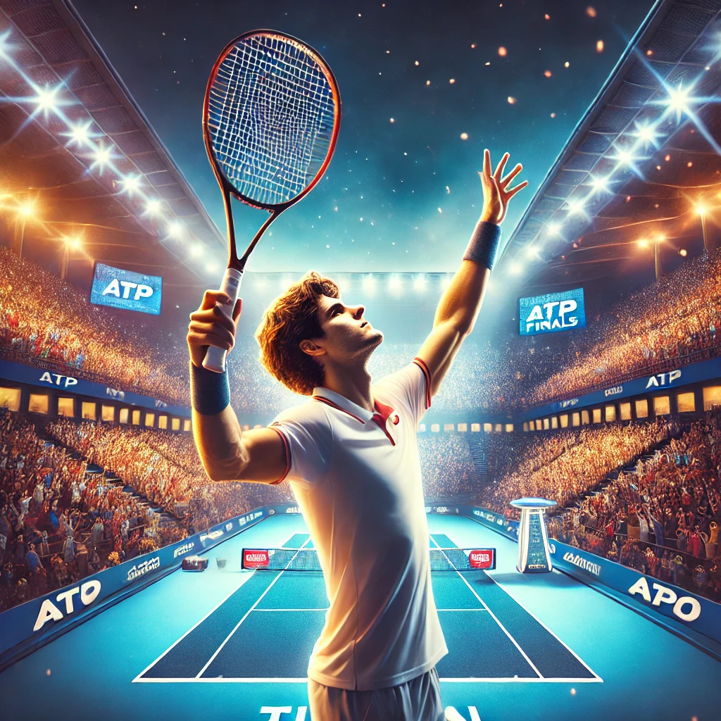 Uma cena emocionante em uma quadra de tênis durante o ATP Finals em Turim. A imagem destaca Taylor Fritz comemorando uma vitória crucial, com a raquete erguida e uma expressão de triunfo. O ambiente é vibrante, com arquibancadas cheias de espectadores entusiasmados, iluminados por luzes fortes típicas de competições noturnas. O chão da quadra azul e os banners do ATP Finals no fundo reforçam o cenário oficial e grandioso do torneio.