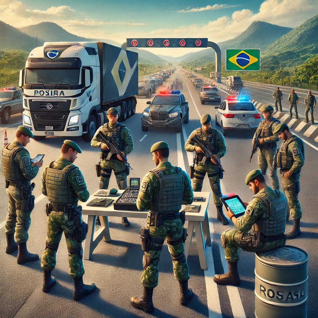 Uma cena dinâmica e colaborativa mostrando a ação conjunta das polícias militares de Minas Gerais (PMMG) e Rio de Janeiro (PMERJ). A imagem destaca policiais uniformizados em uma barreira de fiscalização na divisa interestadual, com viaturas estrategicamente posicionadas e equipamentos modernos de monitoramento. Ao fundo, um cenário de estrada e paisagem montanhosa que remete à região fronteiriça dos estados. A atmosfera transmite seriedade e eficiência, com um foco na cooperação e segurança pública.