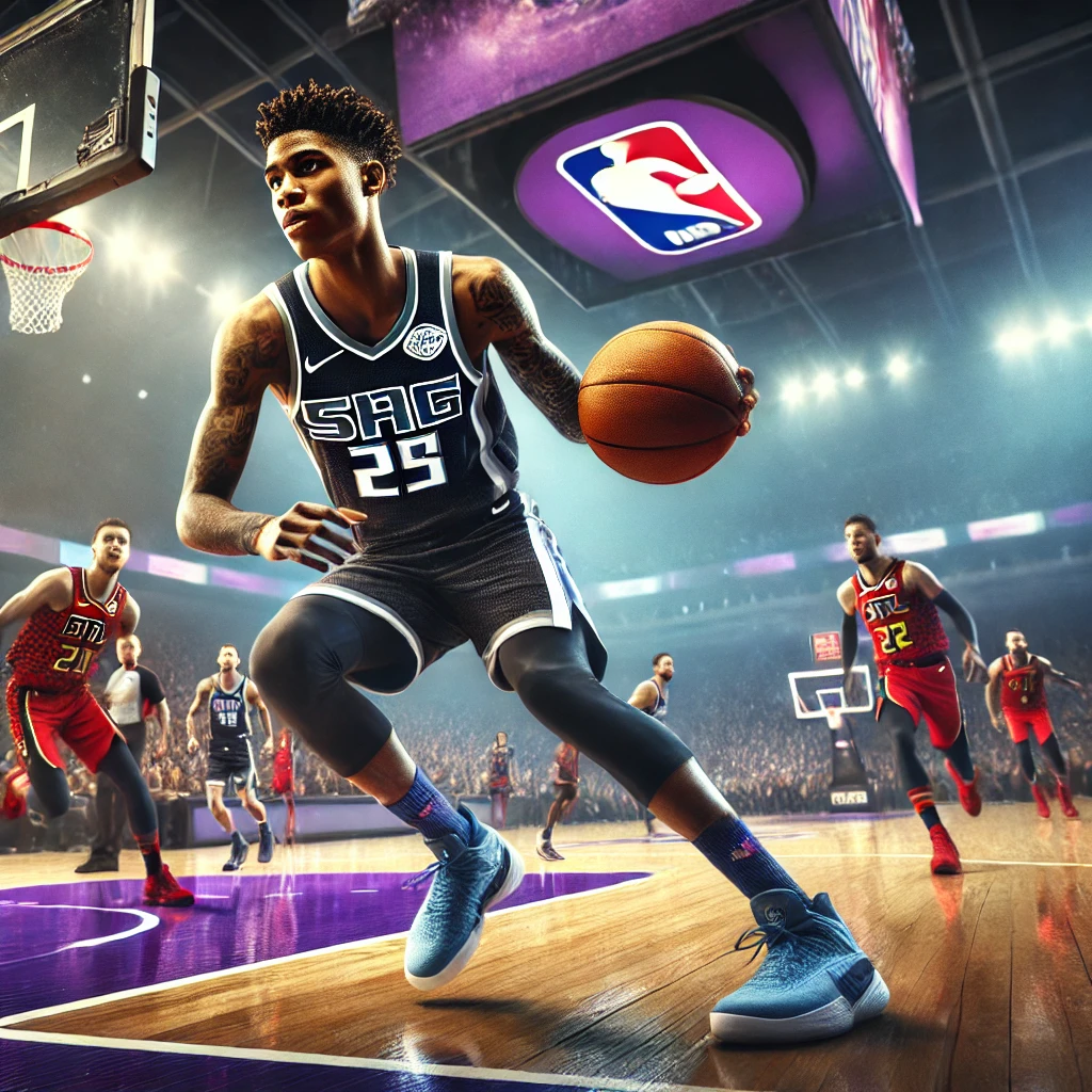 Uma cena dinâmica de uma partida de basquete da NBA entre Sacramento Kings e Atlanta Hawks. A imagem destaca De'Aaron Fox em ação, driblando ou realizando um arremesso, com foco em sua expressão determinada. O fundo mostra a quadra iluminada, com jogadores adversários em movimento e a torcida ao fundo vibrando. Elementos como o logotipo da NBA e uniformes oficiais dos times adicionam autenticidade. A atmosfera é enérgica e intensa, capturando o espírito competitivo do jogo.