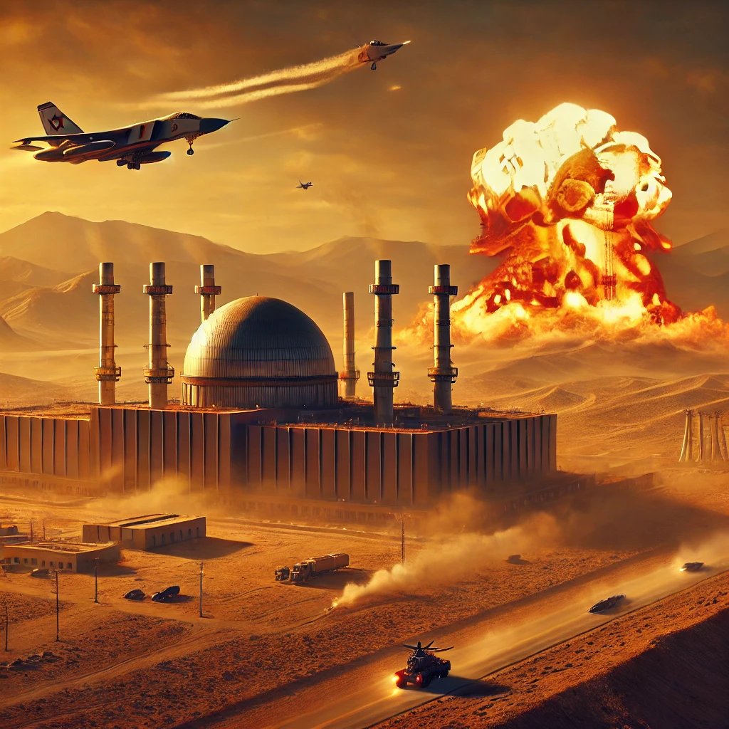 Uma cena simbólica e tensa representando o impacto dos bombardeios israelenses no programa nuclear iraniano. A imagem mostra um complexo nuclear ao longe, parcialmente em chamas após um ataque aéreo, com nuvens de fumaça subindo. No céu, aviões de combate são visíveis, destacando a ação militar. O cenário é árido, com tons quentes que refletem o clima da região e a gravidade da situação. A atmosfera transmite tensão, conflito e as complexidades geopolíticas envolvidas.
