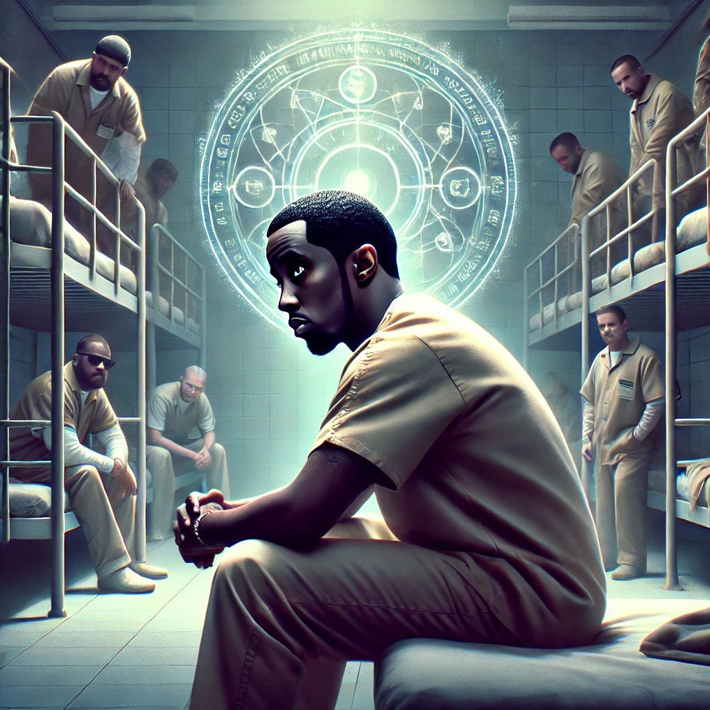 Uma representação intrigante que combina a figura de Sean 'Diddy' Combs em um ambiente de prisão de baixa segurança, com elementos misteriosos no fundo. A imagem mostra um dormitório compartilhado, com Diddy sentado em uma cama, olhando pensativamente, enquanto ao fundo há sugestões sutis de misticismo, como um símbolo enigmático na parede. O cenário deve incluir detalhes que reflitam a tensão e o mistério em torno das controvérsias e especulações.