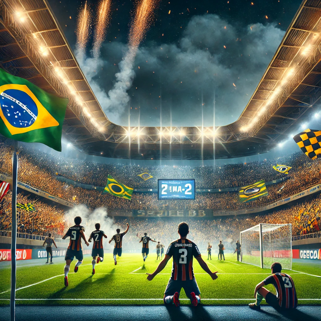 Uma cena eletrizante que captura a emoção da última rodada da Série B. A imagem mostra um estádio de futebol iluminado à noite, com uma torcida vibrante nas arquibancadas. No centro do campo, jogadores de um time comemoram um gol decisivo, enquanto outros se ajoelham em frustração. O placar eletrônico ao fundo destaca a intensidade da rodada final, e o ambiente é dinâmico, com bandeiras e fumaça de sinalizadores criando um clima de decisão e festa.