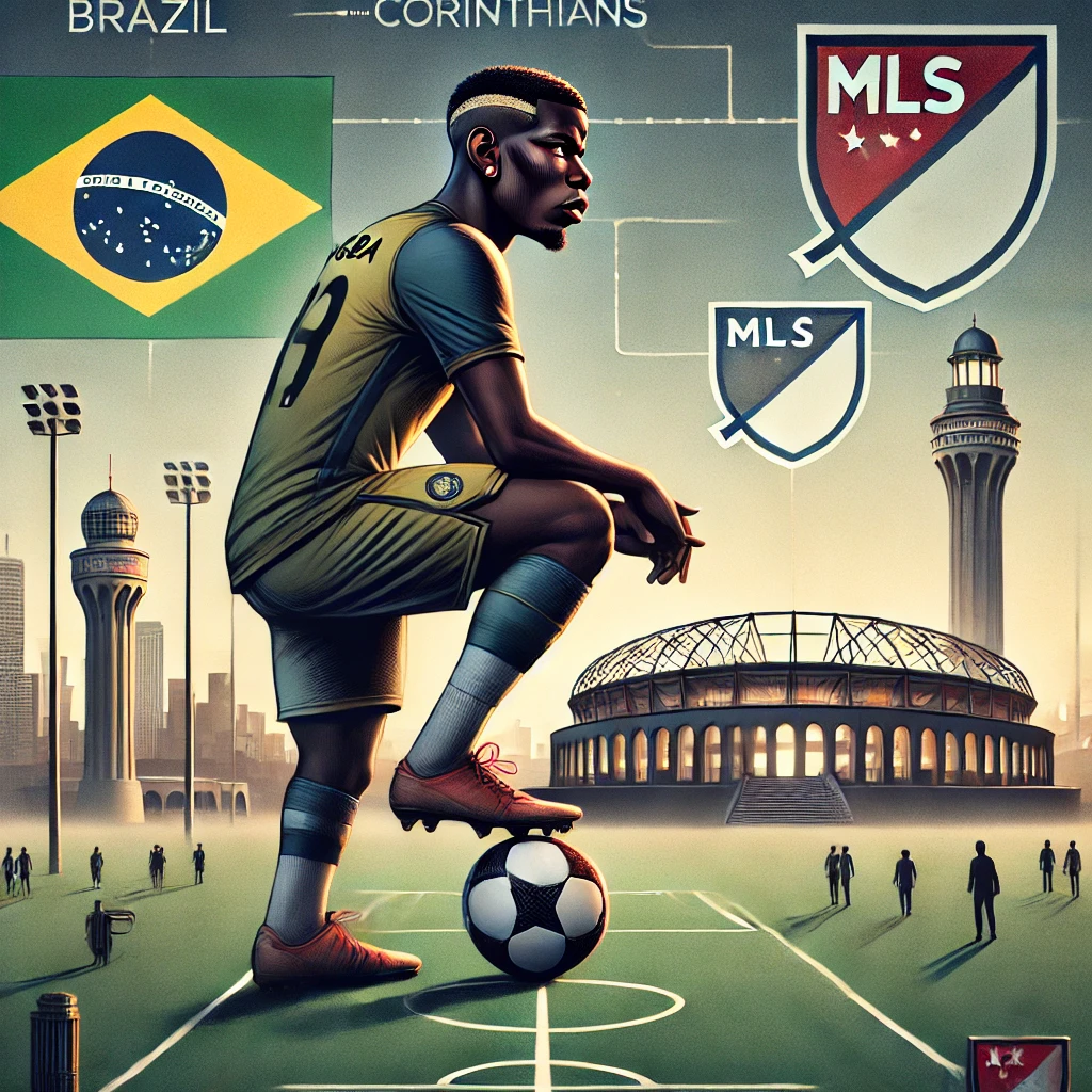 Uma cena representando Paul Pogba considerando novas possibilidades no futebol. A imagem destaca Pogba em um campo de futebol estilizado, com elementos que sugerem o Brasil e o Corinthians, como uma bandeira do clube e o emblemático estádio de fundo. Ele está em uma postura contemplativa, com uma bola aos pés, enquanto ao fundo surgem símbolos de outras opções possíveis, como uma bandeira da MLS e um mapa da Inglaterra. A atmosfera é de expectativa e decisão, capturando o momento de transição na carreira do jogador.