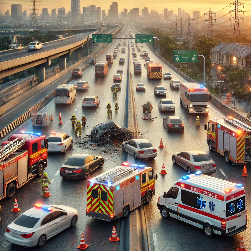 Uma cena realista de um acidente em uma rodovia movimentada. A imagem mostra múltiplos veículos colididos em uma estrada com cones de sinalização delimitando a área. Equipes de resgate estão no local, com ambulâncias e caminhões de bombeiros em ação. O fundo inclui uma paisagem urbana que sugere uma rodovia próxima a uma cidade. A atmosfera transmite seriedade e urgência, destacando a necessidade de precauções e ações rápidas em situações de emergência.