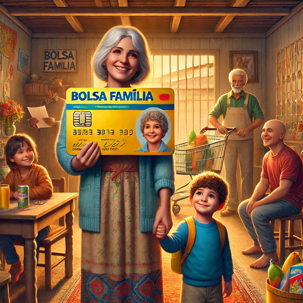 Uma cena representando o impacto positivo do Bolsa Família na vida de seus beneficiários. A imagem mostra uma mulher sorridente em um ambiente doméstico simples, segurando um cartão do programa enquanto interage com seus filhos em idade escolar. Ao fundo, uma mesa com alimentos básicos simboliza o uso do benefício para necessidades essenciais. A atmosfera é acolhedora e otimista, destacando a dignidade e o alívio proporcionados pelo programa.