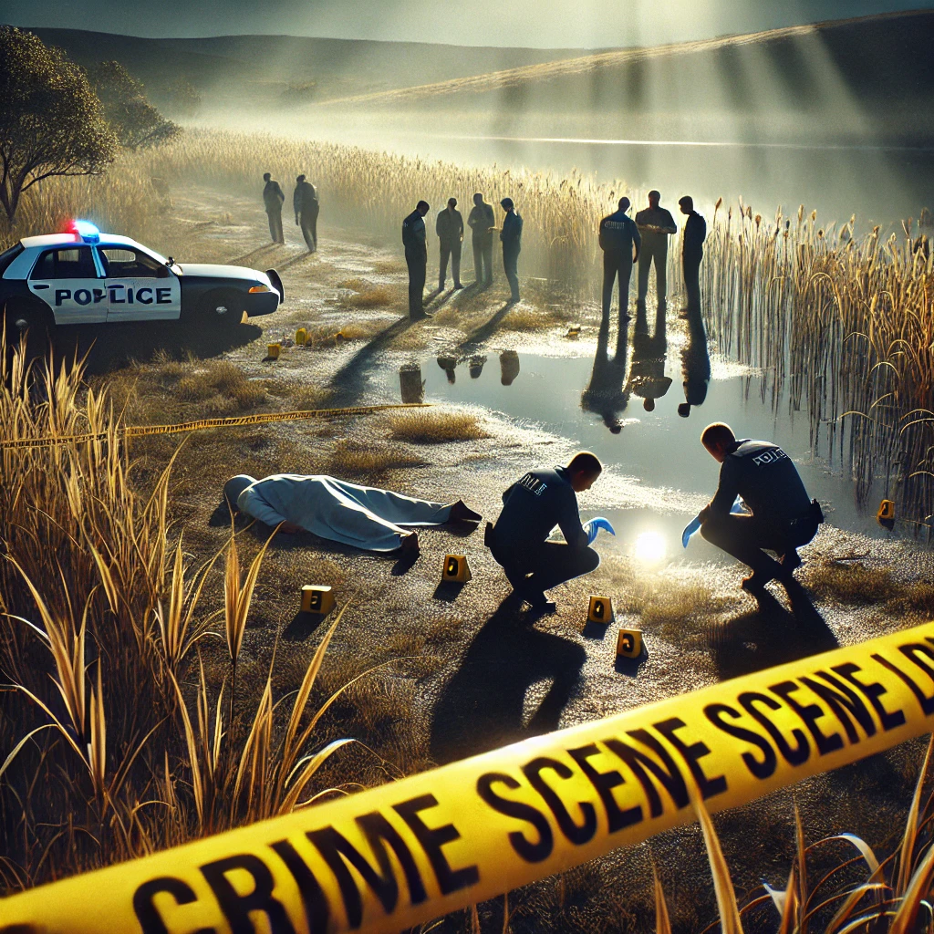 Uma cena que ilustra o impacto e a gravidade do crime, ambientada em uma zona rural. A imagem mostra uma área isolada com elementos que indicam uma investigação em andamento, como policiais analisando a cena do crime sob luz natural e uma fita de isolamento marcando o perímetro. Ao fundo, a paisagem rural se mistura com um ambiente de seriedade e tensão, simbolizando a busca por justiça e respostas.