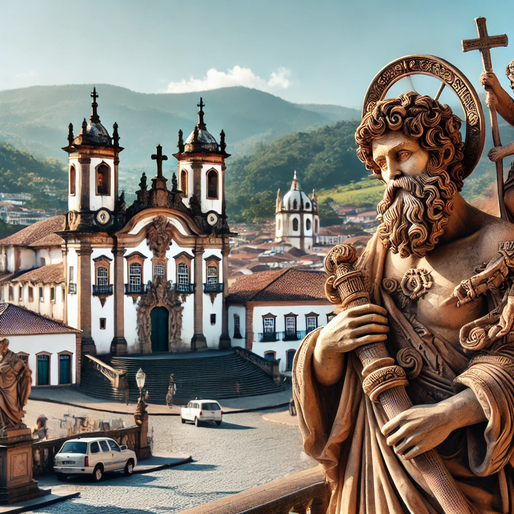 Uma representação de Ouro Preto, com foco em uma igreja barroca em estilo colonial ao fundo, como a Igreja de São Francisco de Assis. No primeiro plano, uma escultura de um dos Profetas de Aleijadinho, detalhada e destacada, em um cenário ensolarado que enfatiza a riqueza arquitetônica e cultural da cidade. O ambiente deve incluir montanhas e o charme das ruas de pedra, evocando a história e a grandiosidade artística da região.