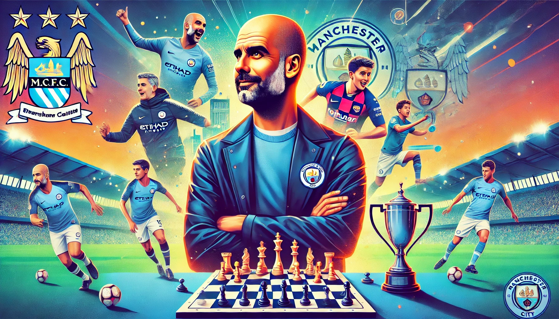 Ilustração vibrante de Pep Guardiola com um quadro tático, representando sua renovação de contrato com o Manchester City. Ao fundo, um estádio futurista simboliza inovação e sucesso, com troféus e jovens jogadores destacando o potencial do futuro. Um tabuleiro de xadrez integrado reflete a mentalidade estratégica de Guardiola.