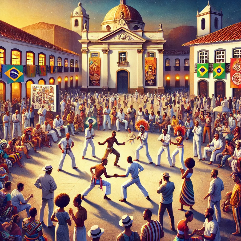 Uma cena vibrante e emotiva que destaca a rica herança afro-brasileira em um contexto cultural moderno. Imagine uma praça histórica de Juiz de Fora iluminada por luzes quentes, com uma apresentação de capoeira em andamento no centro. Em volta, pessoas de diferentes idades apreciam a cena, enquanto exposições de arte e banners educativos são exibidos ao fundo. Mulheres e homens negros com trajes tradicionais e contemporâneos conversam e celebram, simbolizando uma união entre tradição e modernidade.
