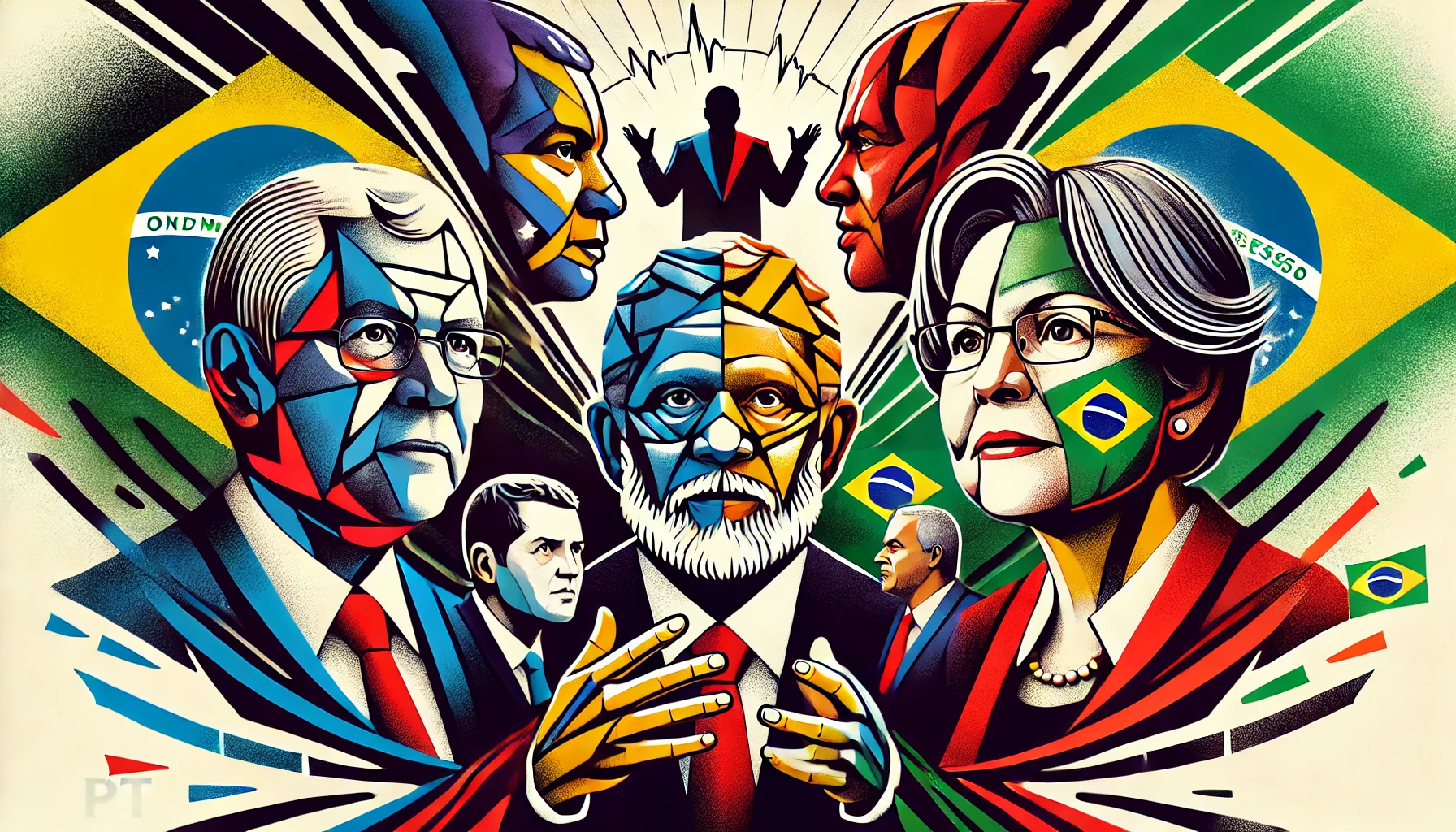 Ilustração simbólica representando as tensões políticas internas no Partido dos Trabalhadores (PT) do Brasil. A imagem inclui representações abstratas de figuras de liderança como Lula e Gleisi Hoffmann, com elementos contrastantes como diálogo, debate e um fundo fragmentado para simbolizar desacordos. A composição utiliza cores vibrantes e símbolos políticos brasileiros, criando uma representação dinâmica e expressiva do cenário político.