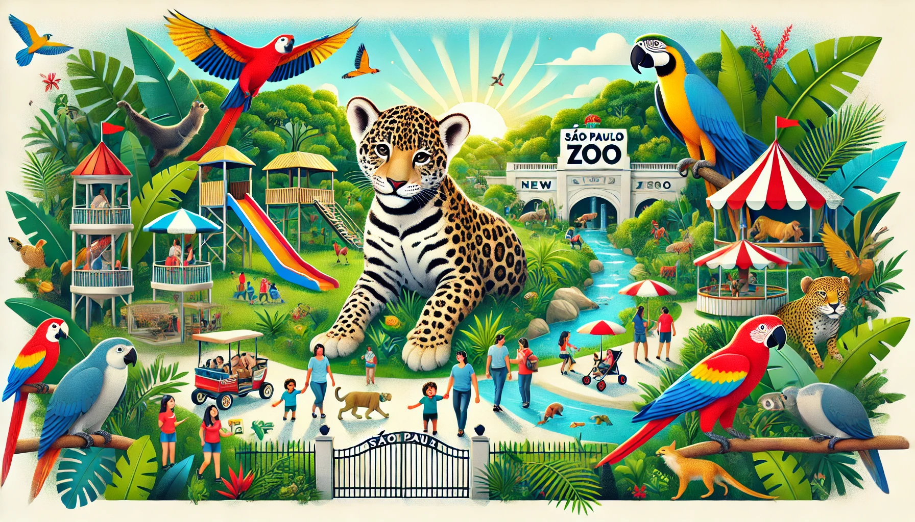 Ilustração animada destacando as novas atrações do Zoológico de São Paulo. A cena apresenta um filhote de jaguatirica brincando em um ambiente verde e vibrante, cercado por famílias participando de atividades educativas e interagindo com os animais. Elementos como placas informativas, aves coloridas e a entrada icônica do zoológico criam uma atmosfera acolhedora e educativa. A composição enfatiza a conservação e a diversão para todas as idades.