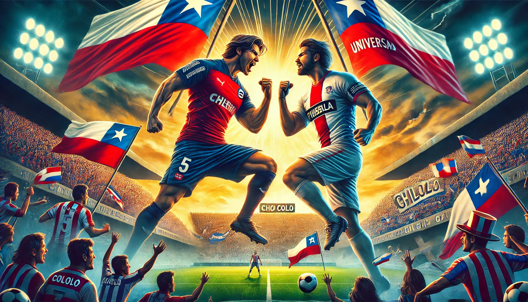 Ilustração dramática retratando a rivalidade acirrada no futebol chileno, com os jogadores Carlos Palacios e Leonardo Gil em uma troca de provocações. O cenário é um estádio vibrante, com torcedores apaixonados agitando bandeiras do Colo Colo e da Universidad de Chile. A tensão é evidenciada por poses dinâmicas e cores contrastantes dos times, simbolizando a intensa competição e a importância cultural do esporte.