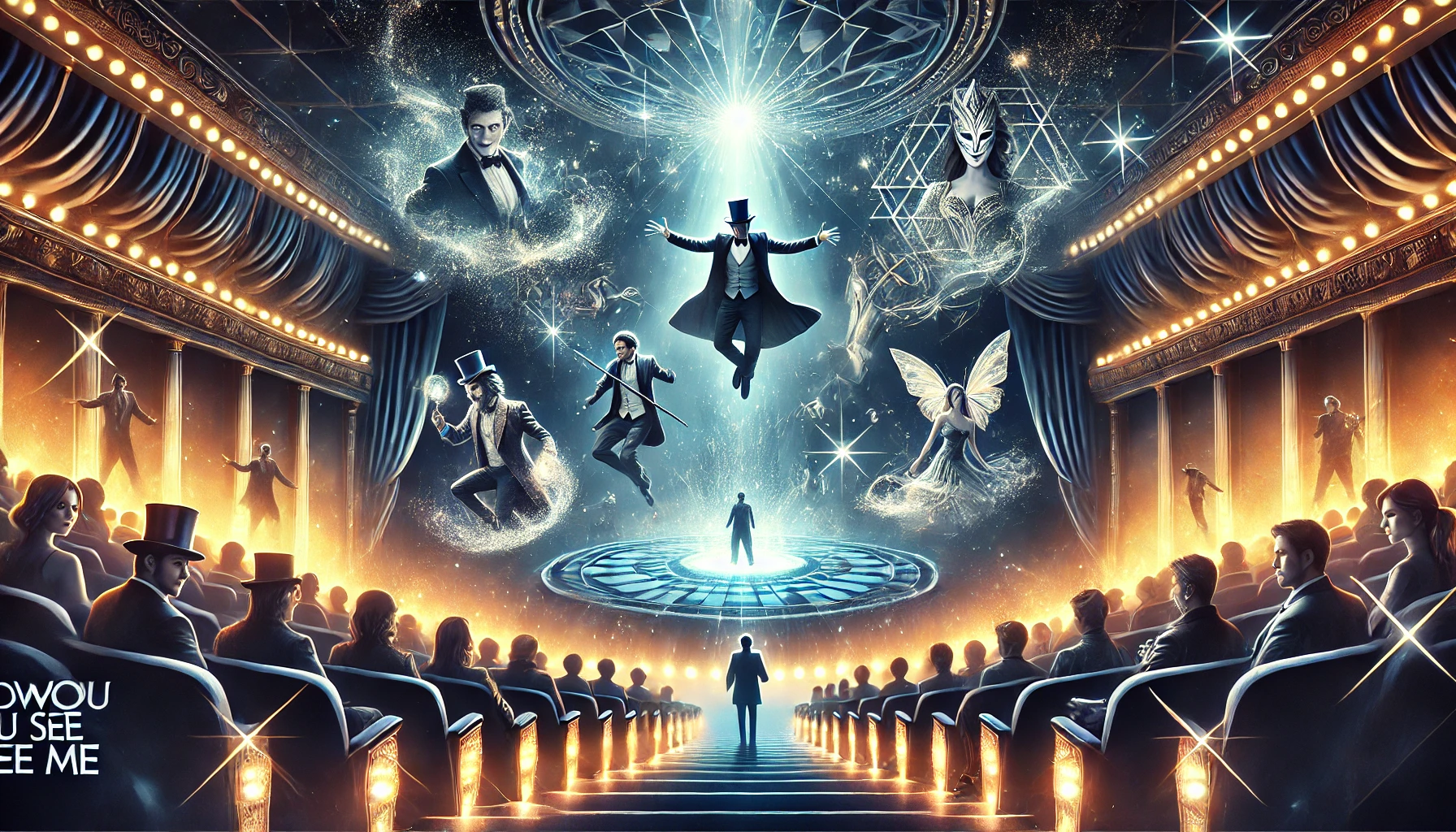 Ilustração encantadora inspirada no terceiro filme da série "Truque de Mestre". A cena combina magia e suspense, com personagens icônicos realizando ilusões deslumbrantes em um grande teatro moderno. Luzes brilhantes, cenários intrincados e uma atmosfera de mistério enfatizam o senso de maravilha e o drama intenso da nova aventura dos Quatro Cavaleiros.